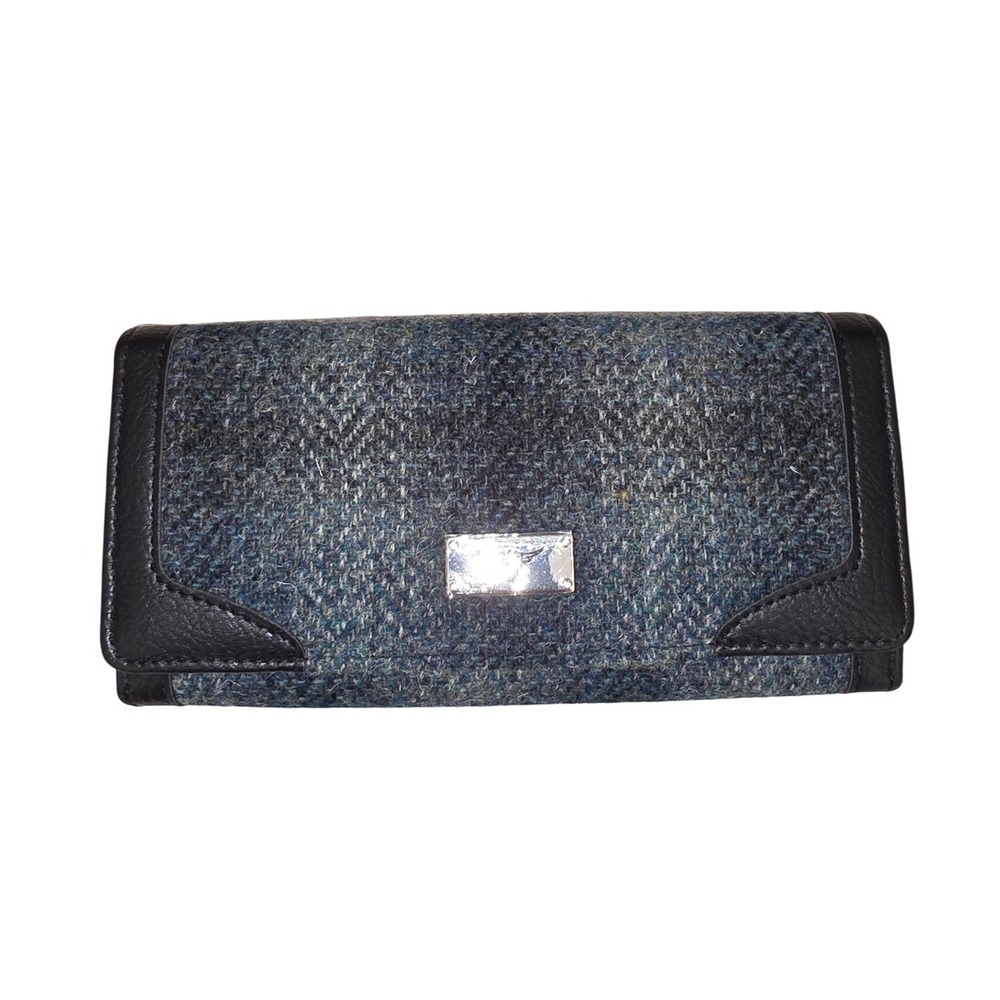 Harris Tweed Blue Grey Wool Herringbone Tri-Fold Long Wallet with Black Trim